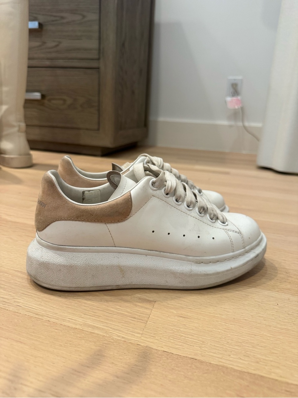 Alexander McQueen White Leather Sneakers with Beige Suede Heel
